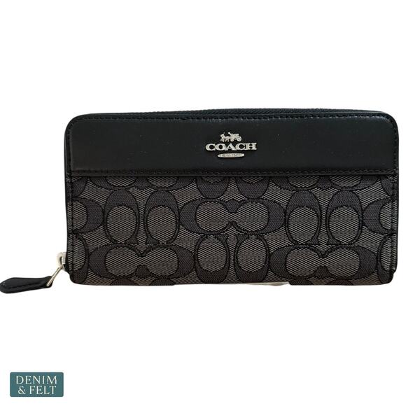 Coach Accordion Zip Wallet Black Smoke Leather Trim Signature Canvas Stylish - Picture 1 of 10